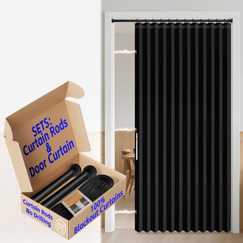 A-jazz 100% Blackout Magnetic Door Curtain Pleated Door Curtain Invisible Applicable Bedroom Room Living Room Doorway (1 Pack, 54 W x 78 L, Black+Rod) - Image 1